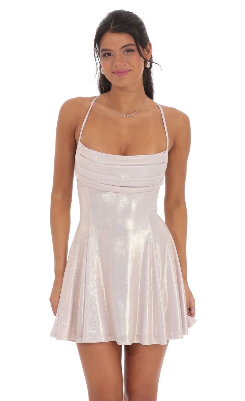 Metallic Draped A-Line Dress in Rose Gold | LUCY IN THE SKY