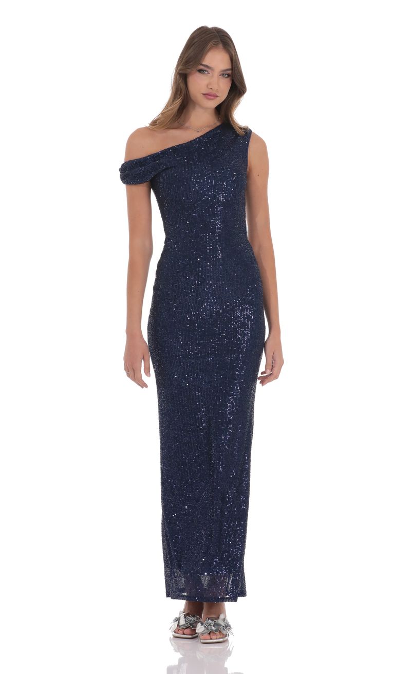 Sequin Off Shoulder Maxi Dress in Navy | LUCY IN THE SKY