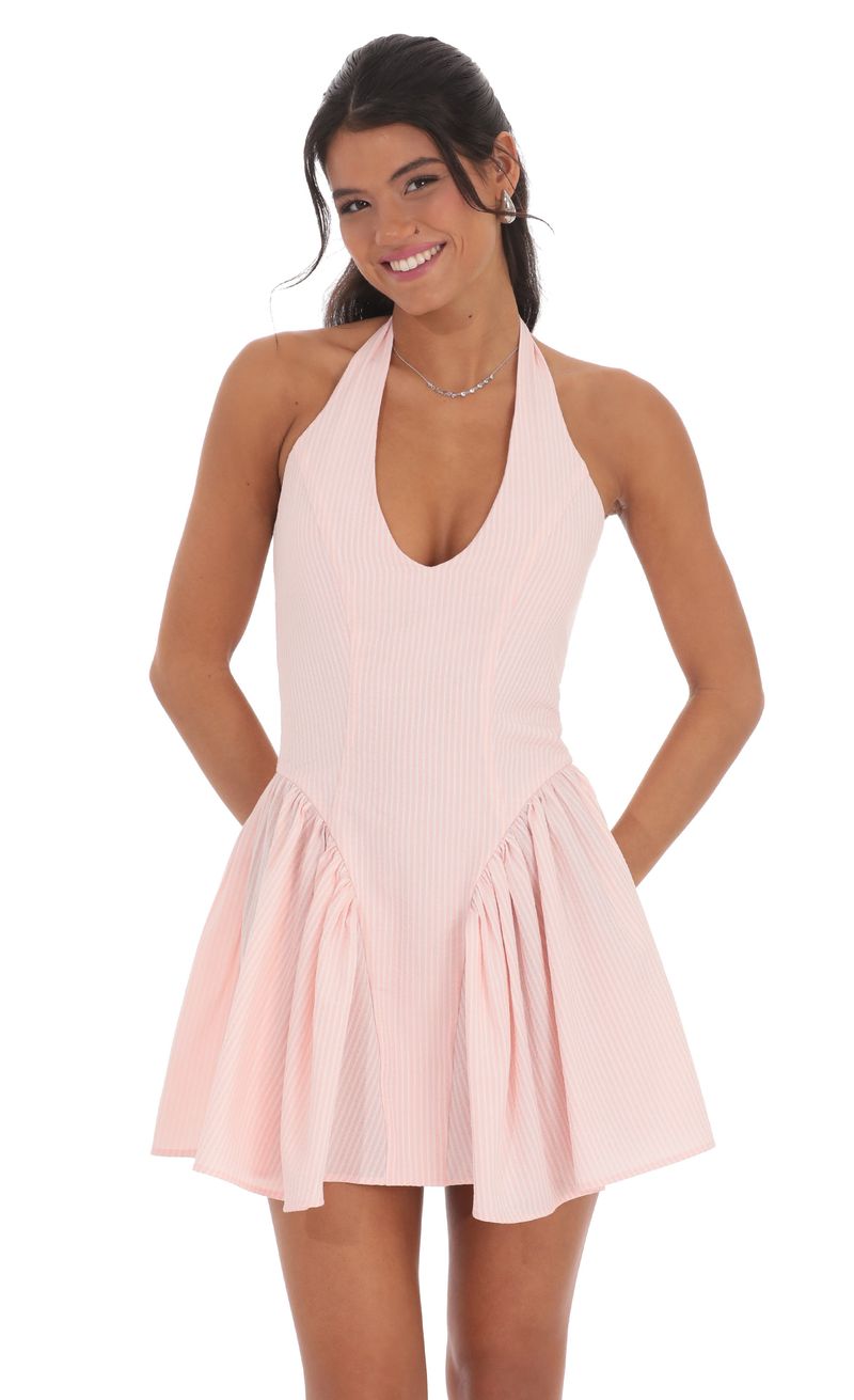 Striped Crinkle Halter Dress in Pink | LUCY IN THE SKY