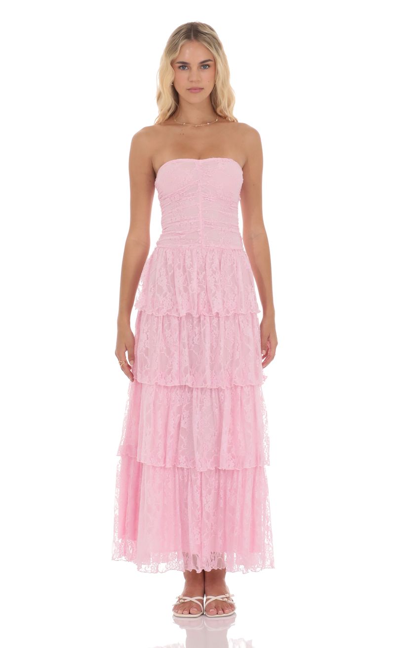Lace Ruched Ruffle Maxi Dress in Pink | LUCY IN THE SKY