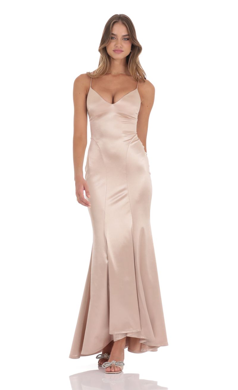 white christmas dresses Champagne One Shoulder A-line Satin Long Bridesmaid Dress with Slit main image 1