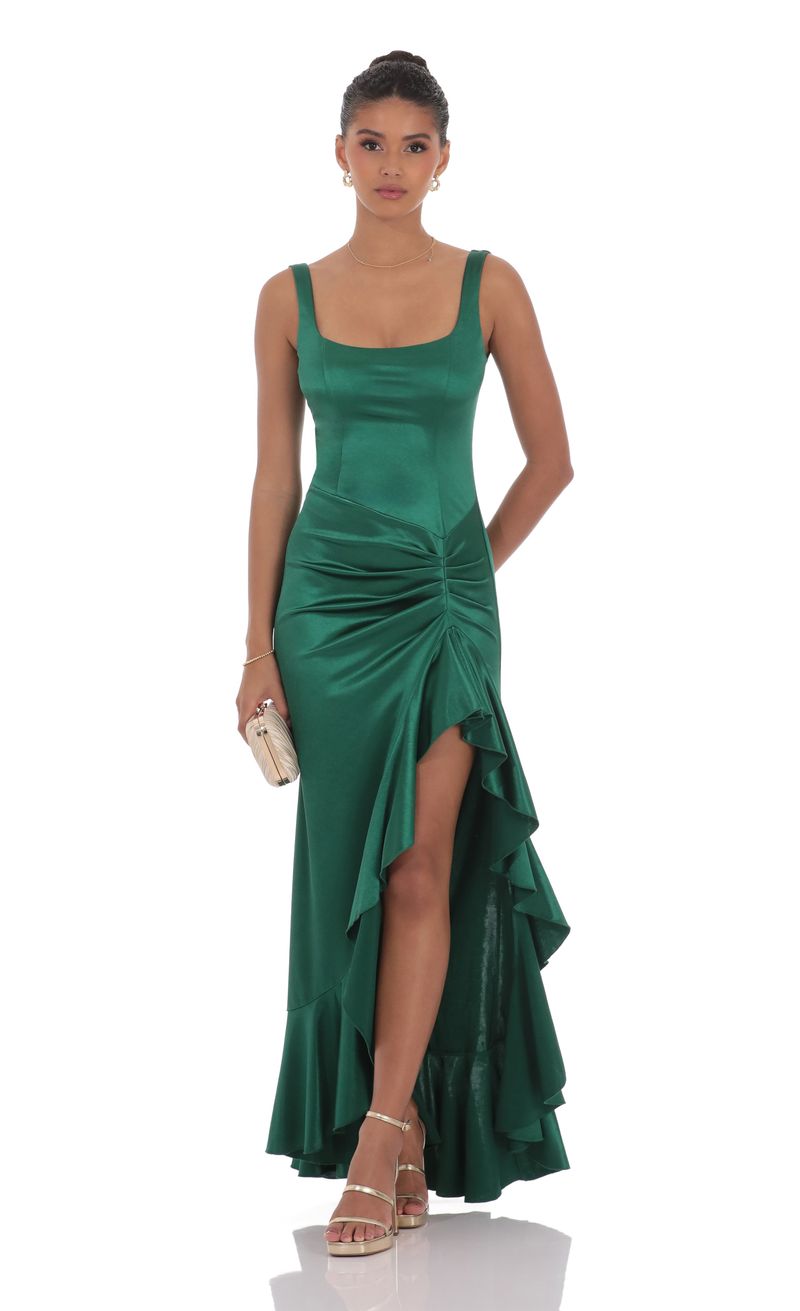 Satin Ruched Ruffle Slit Maxi Dress in Green | LUCY IN THE SKY