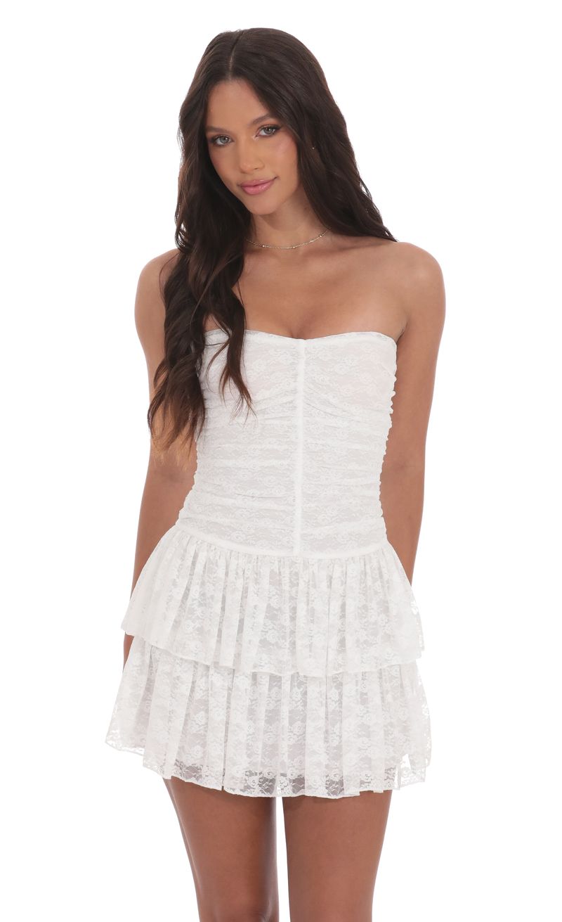 similar product image Lace Strapless Ruched Ruffle Dress in White