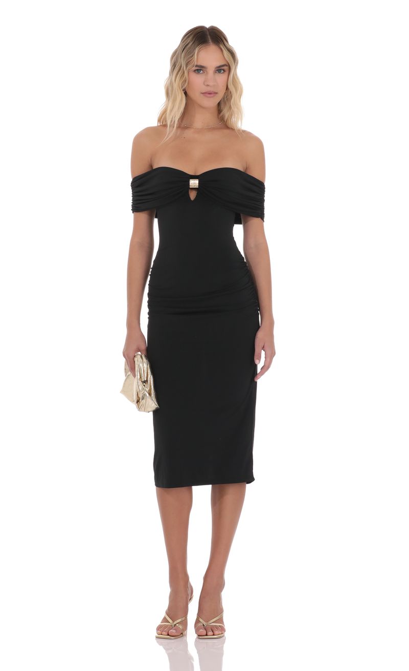 Off Shoulder Keyhole Midi Dress in Black | LUCY IN THE SKY Off Shoulder Keyhole Midi Dress in Black | LUCY IN THE SKY