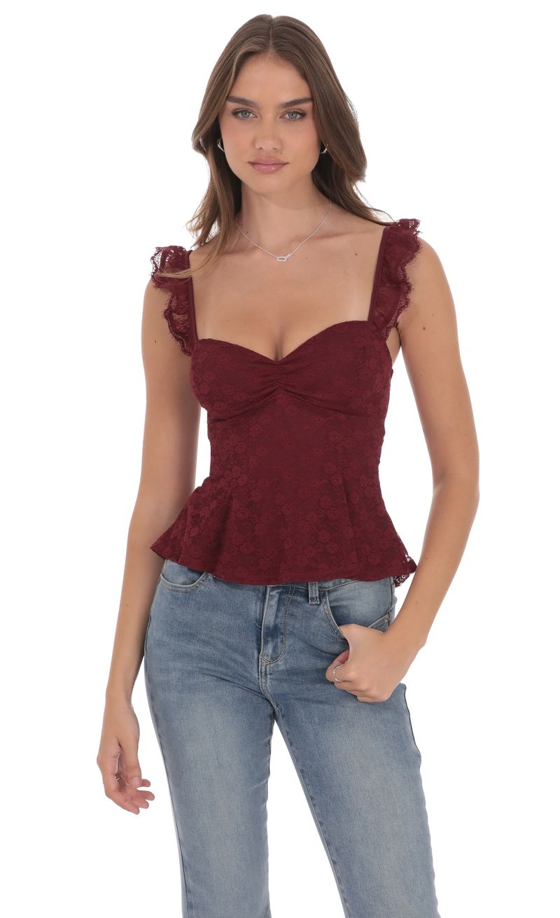 Lace Ruffle Strap Top in Burgundy | LUCY IN THE SKY