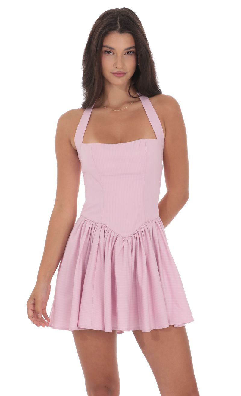 Pinstripe Halter A-line Dress in Pink Pinstripe Halter A-line Dress in Pink