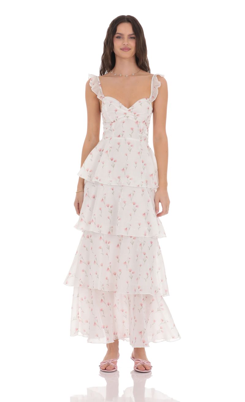 Floral Ruffle Maxi Dress in White | LUCY IN THE SKY