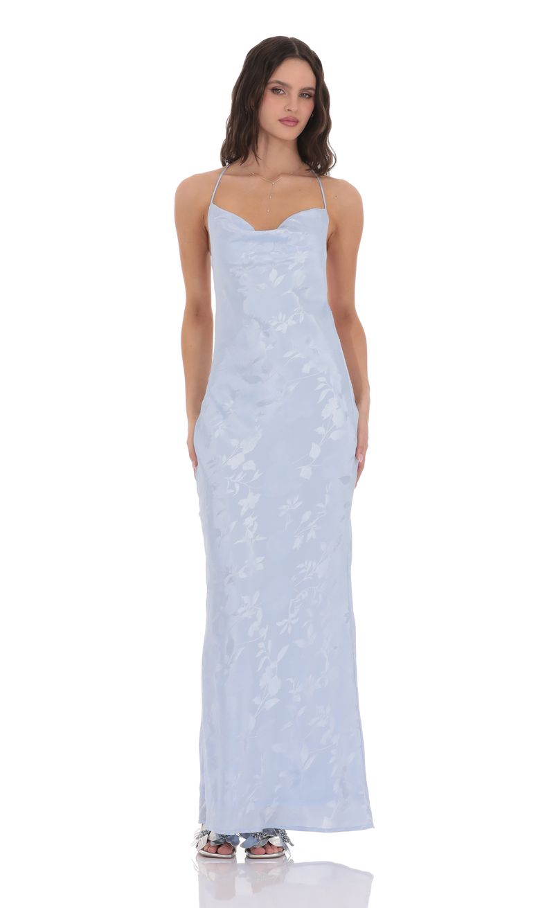 Floral Jacqaurd Cowl Neck Maxi Dress in Light Blue | LUCY IN THE SKY