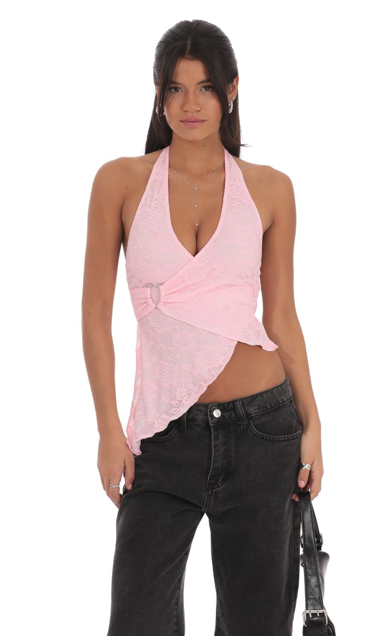 Lace Faux Wrap Halter Top in Pink | LUCY IN THE SKY