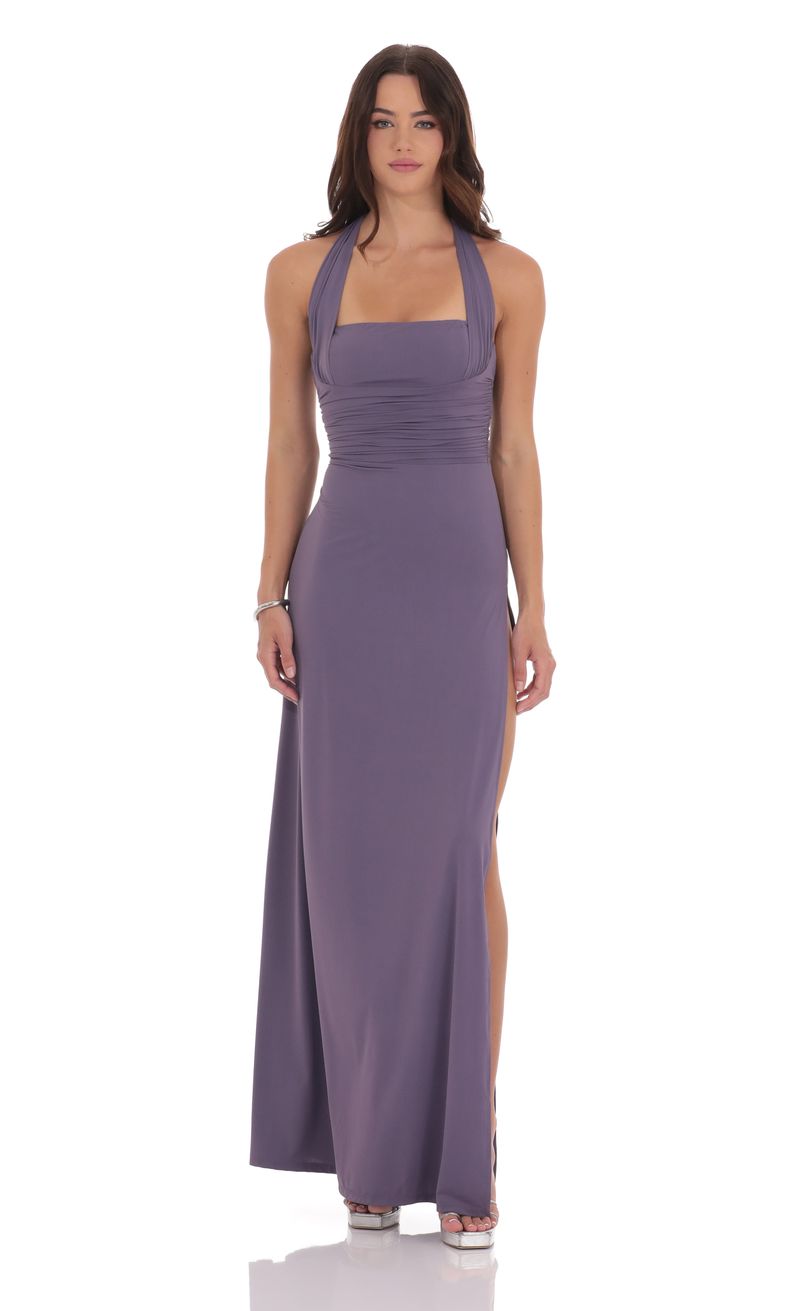 Halter Ruched Maxi Dress in Purple Smoke | LUCY IN THE SKY