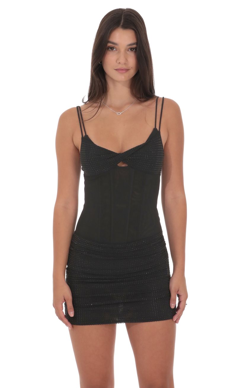 kiss lashes little black dress Black corset dress on straps with a glossy pink midi skirt main image 1