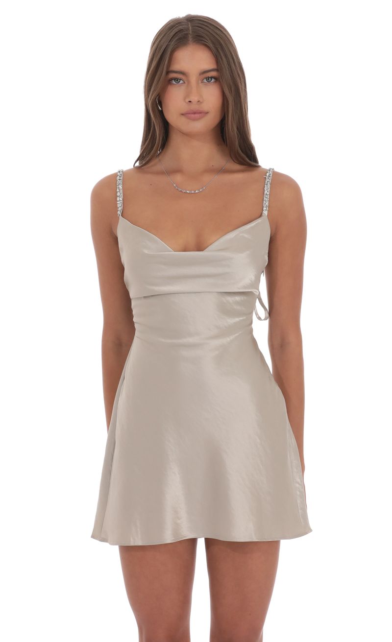 Rhinestone Strap Satin Dress in Taupe Rhinestone Strap Satin Dress in Taupe