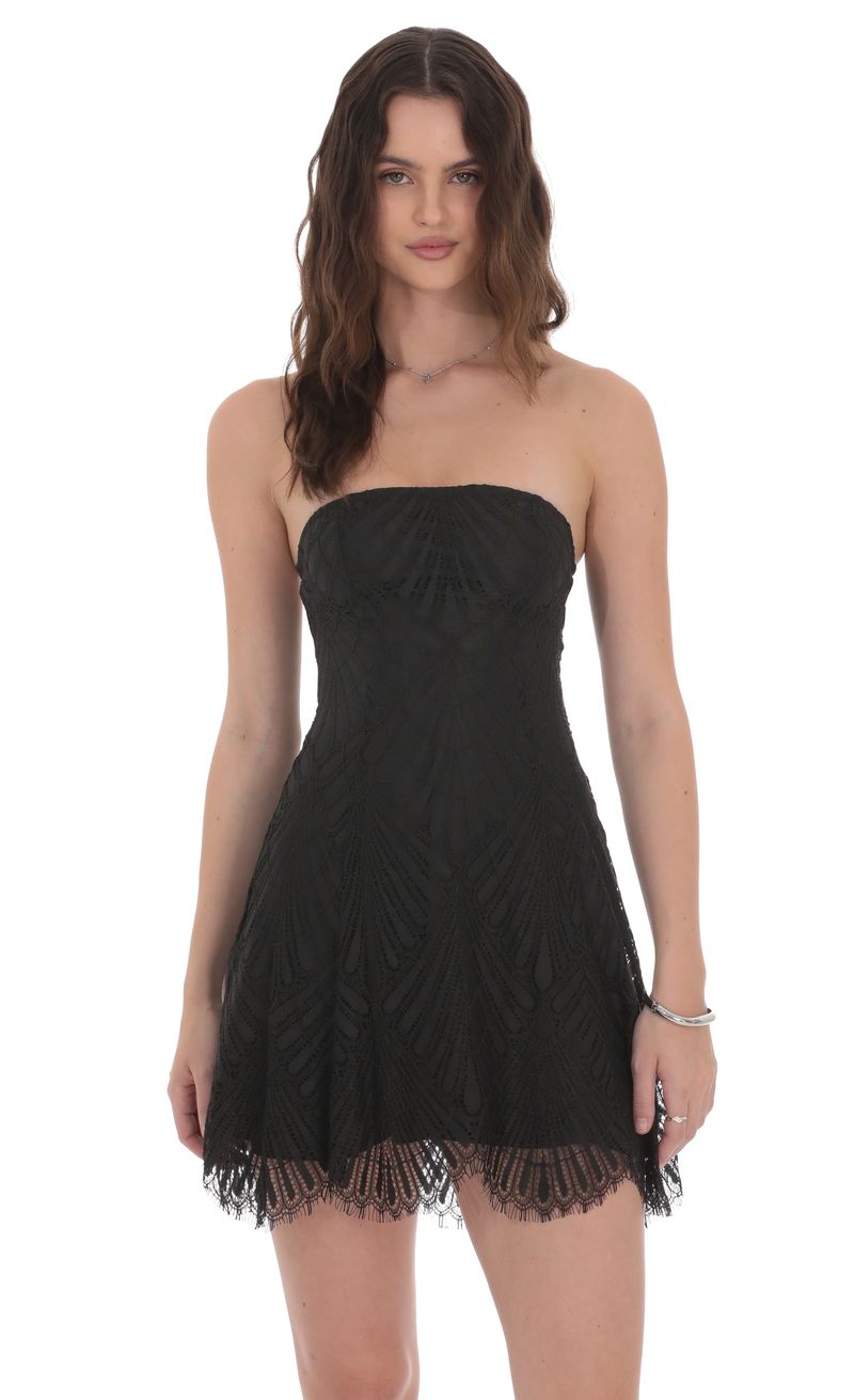 black lace strapless mini dress Strapless Short Lace Prom Dress with Long Overskirt Black / 4