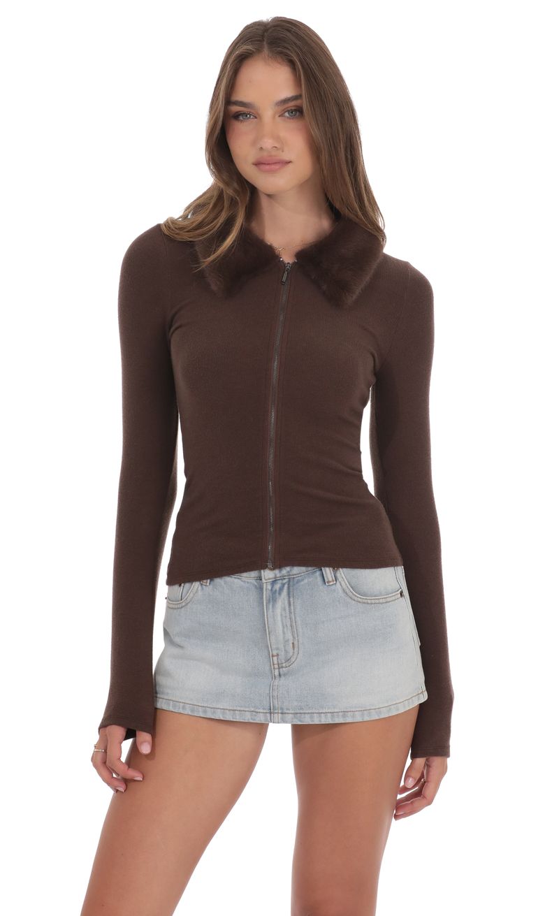Fur Collar Zip-Up Cardigan in Brown | LUCY IN THE SKY