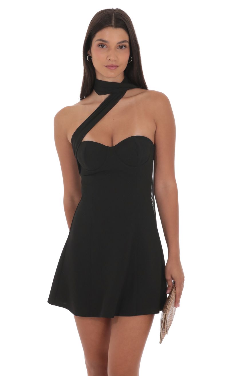 Scarf Wrap Fit and Flare Dress in Black | LUCY IN THE SKY