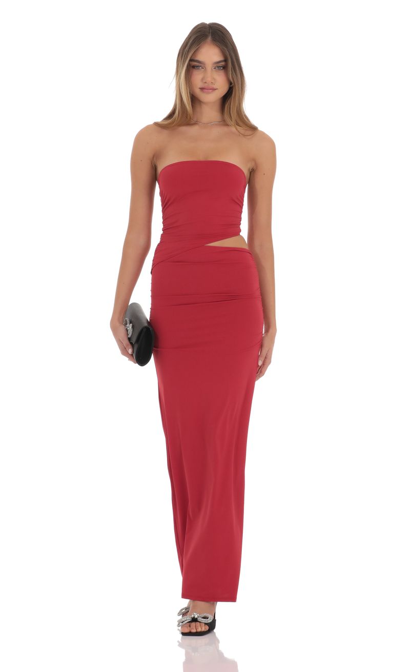 Strapless Cutout Maxi Dress in Red | LUCY IN THE SKY Strapless Cutout Maxi Dress in Red | LUCY IN THE SKY
