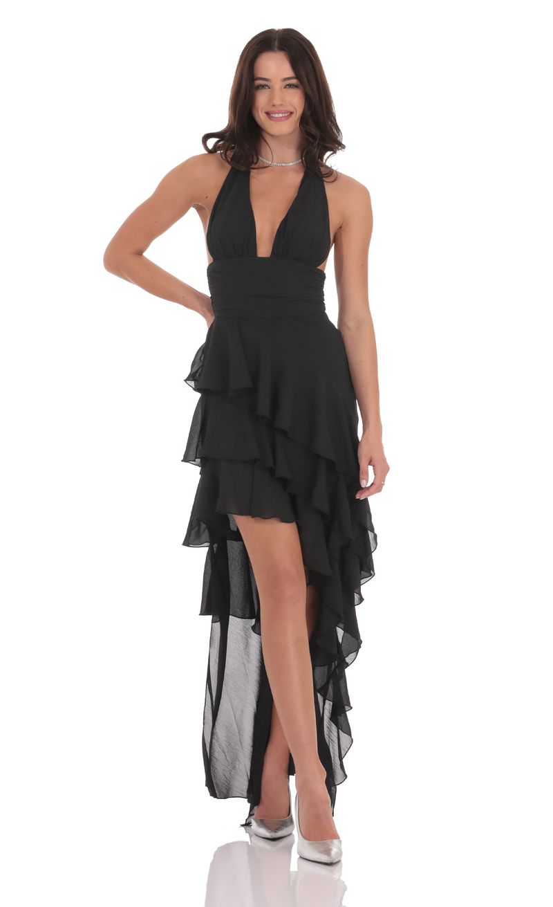 black asymmetrical ruffle dress Black Strapless Ruffle Asymmetrical Midi Dress