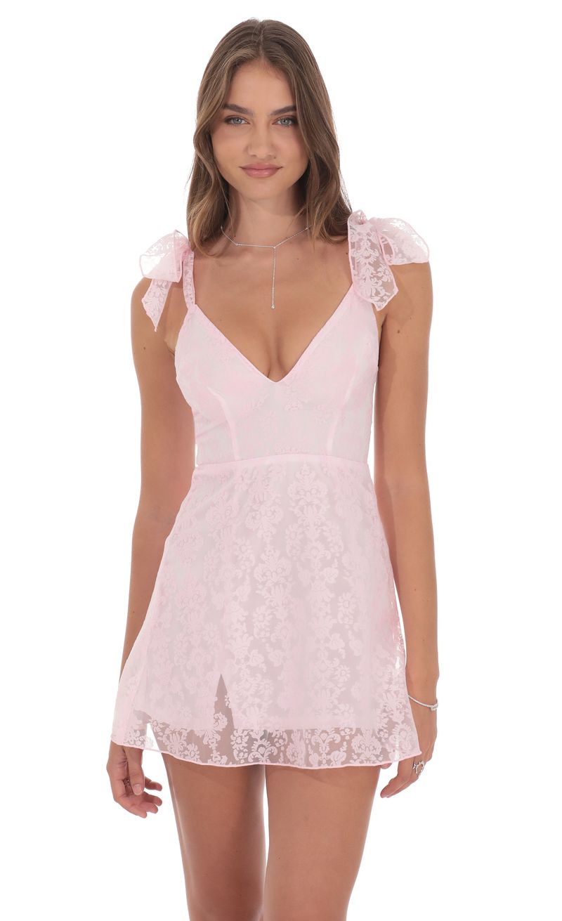 Motif Shoulder Tie A-line Dress in Pink | LUCY IN THE SKY