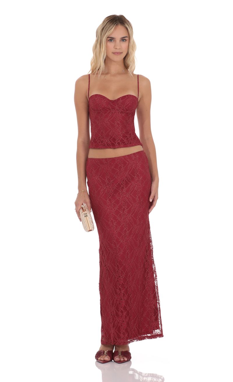 Gold Thread Lace Maxi Skirt in Burgundy | LUCY IN THE SKY
