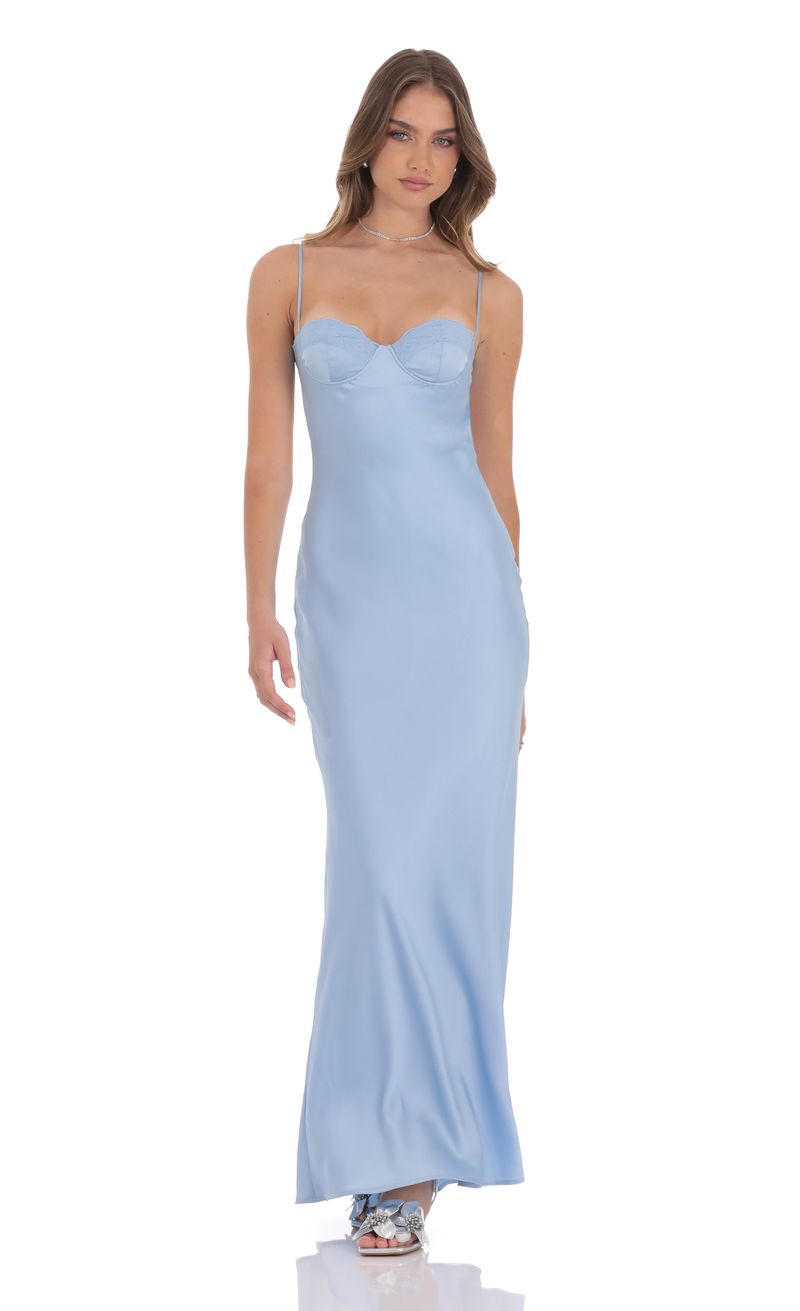 Open Back Satin Maxi Dress in Light Blue | LUCY IN THE SKY
