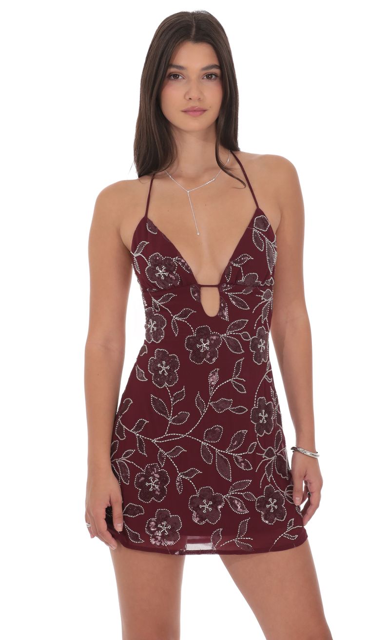 Floral Sequin Beaded Dress in Burgundy | LUCY IN THE SKY