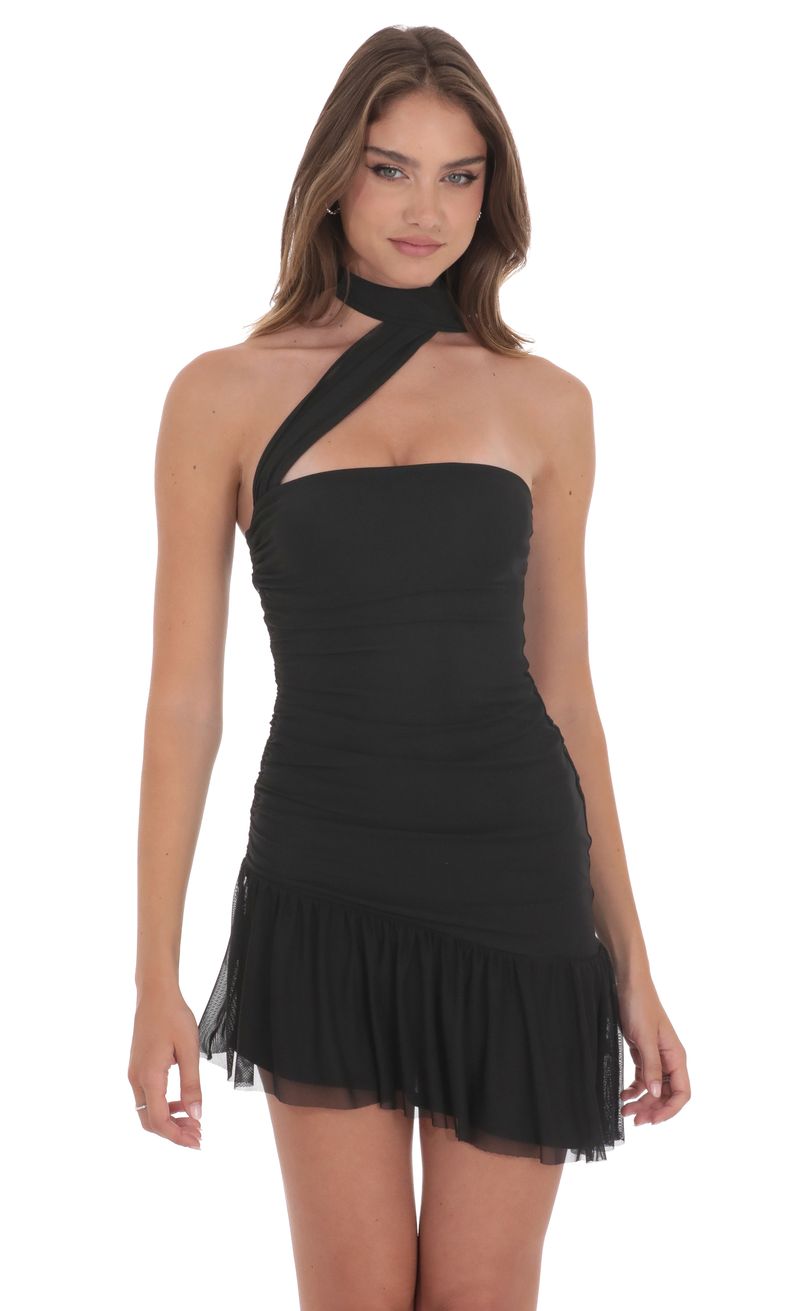 tulle scarf asymmetrical hem mini dress Amoris T709 Elegant Chiffon Mini Dress with Neck Scarf Lavender / XXS
