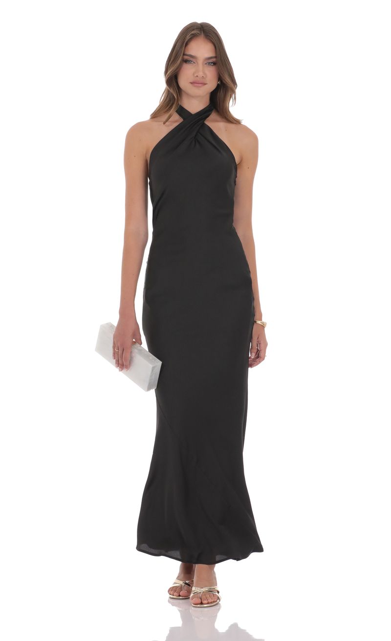 Satin Cross Halter Maxi Dress in Black | LUCY IN THE SKY