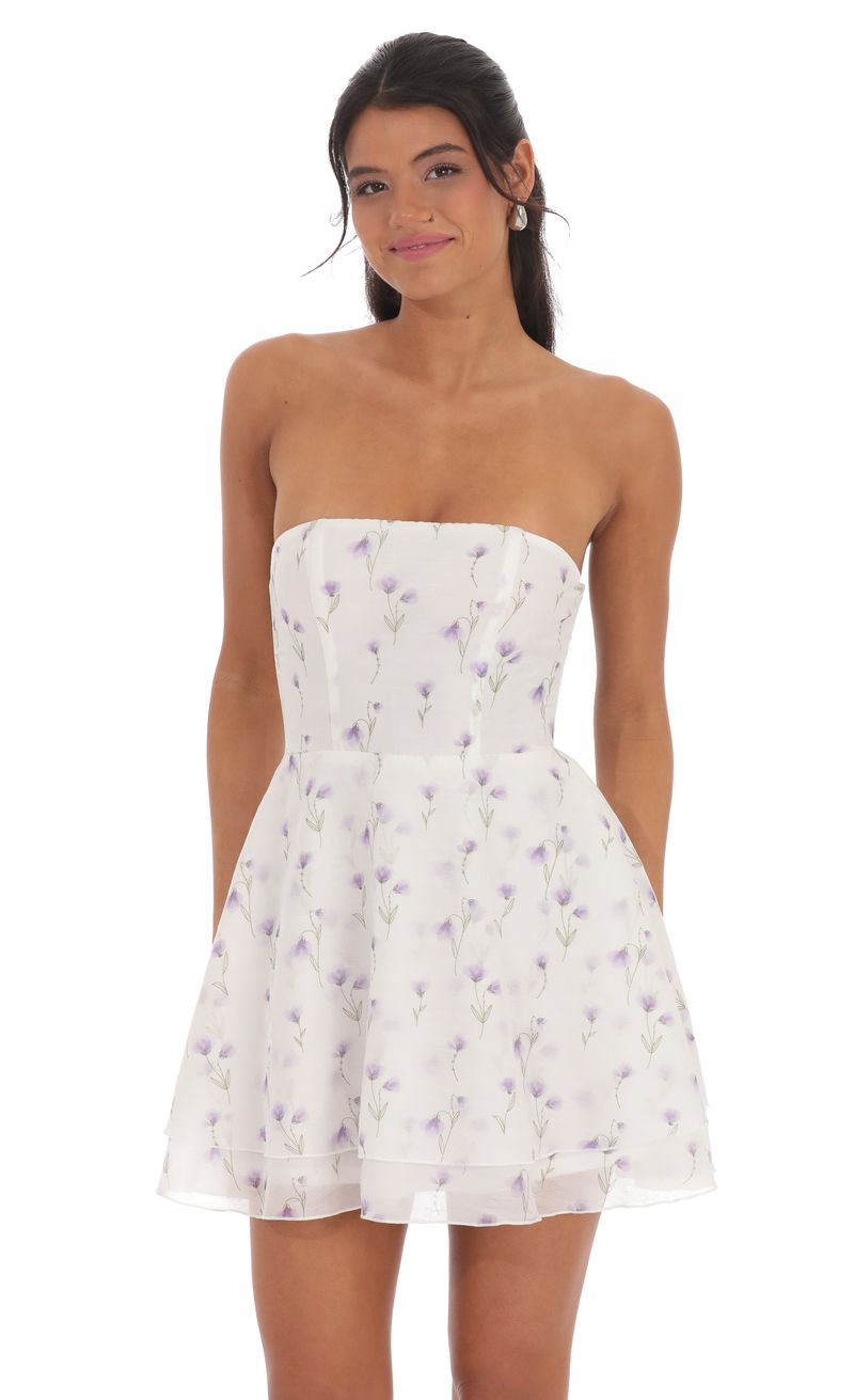 embroidered floral strapless dress in white lucy in the sky Embroidered Floral Strapless Dress in White