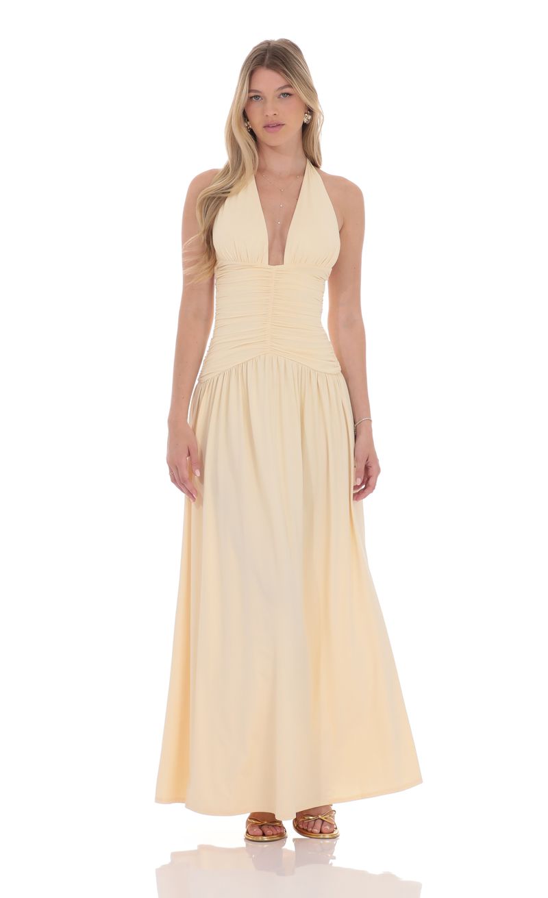 Halter Ruched Cinched Maxi Dress in Beige | LUCY IN THE SKY