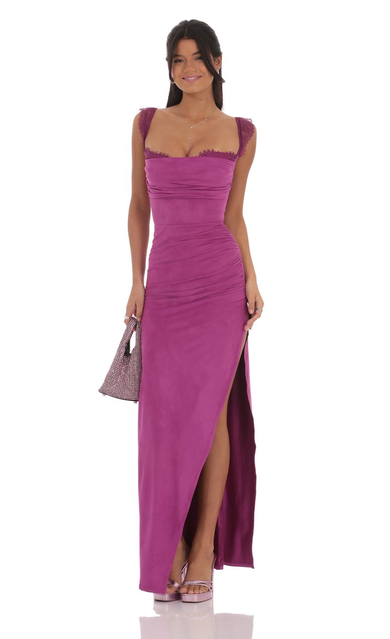 similar product image Suede Draped Lace Maxi Dress in Magenta