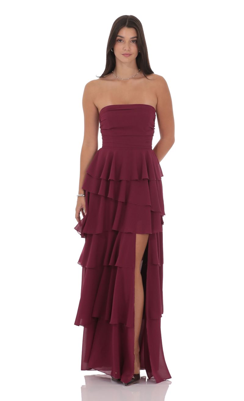 Corset Ruffle Strapless Maxi Dress in Plum | LUCY IN THE SKY Corset Ruffle Strapless Maxi Dress in Plum | LUCY IN THE SKY