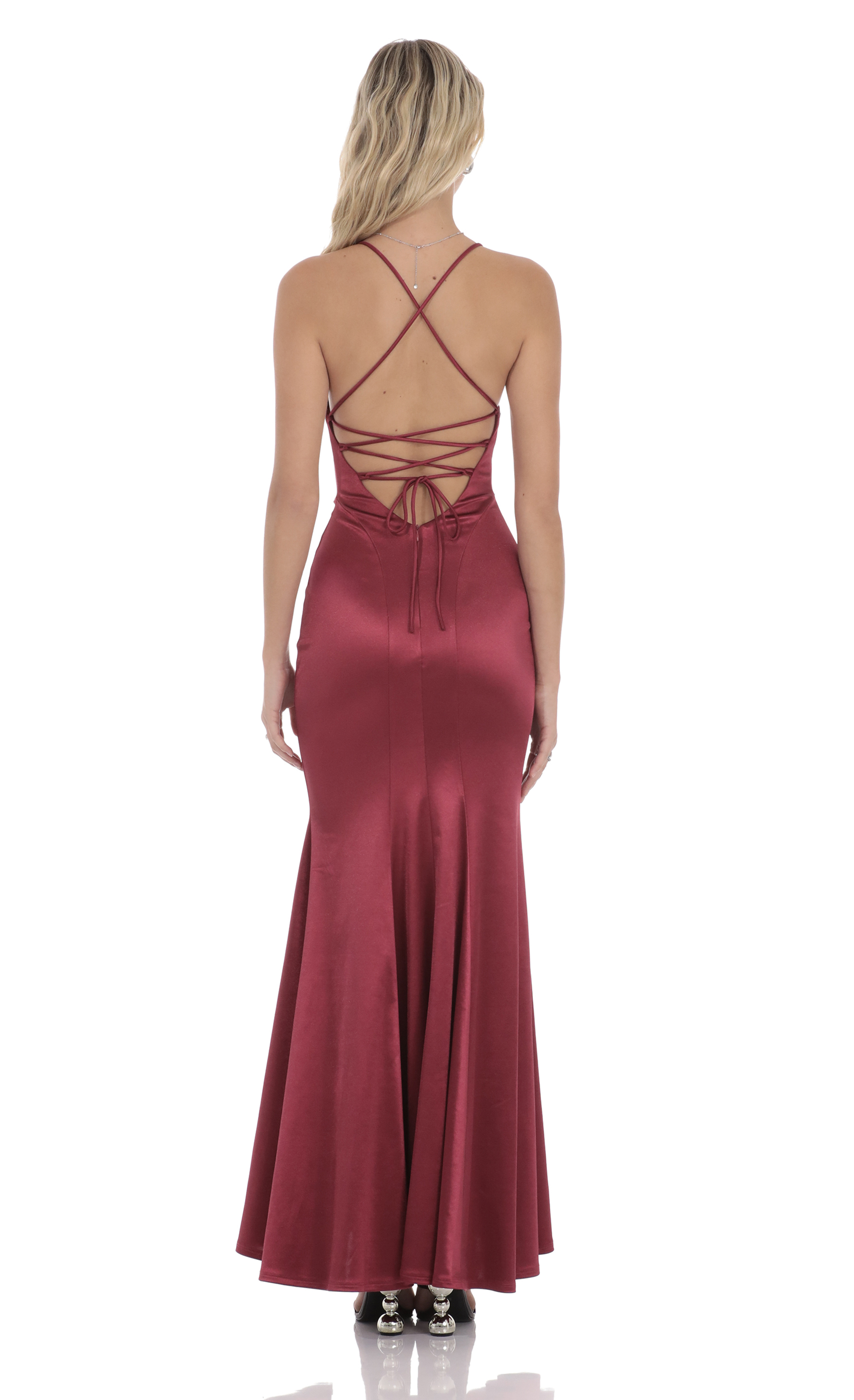 Satin Open Back Mermaid Maxi Dress In Maroon