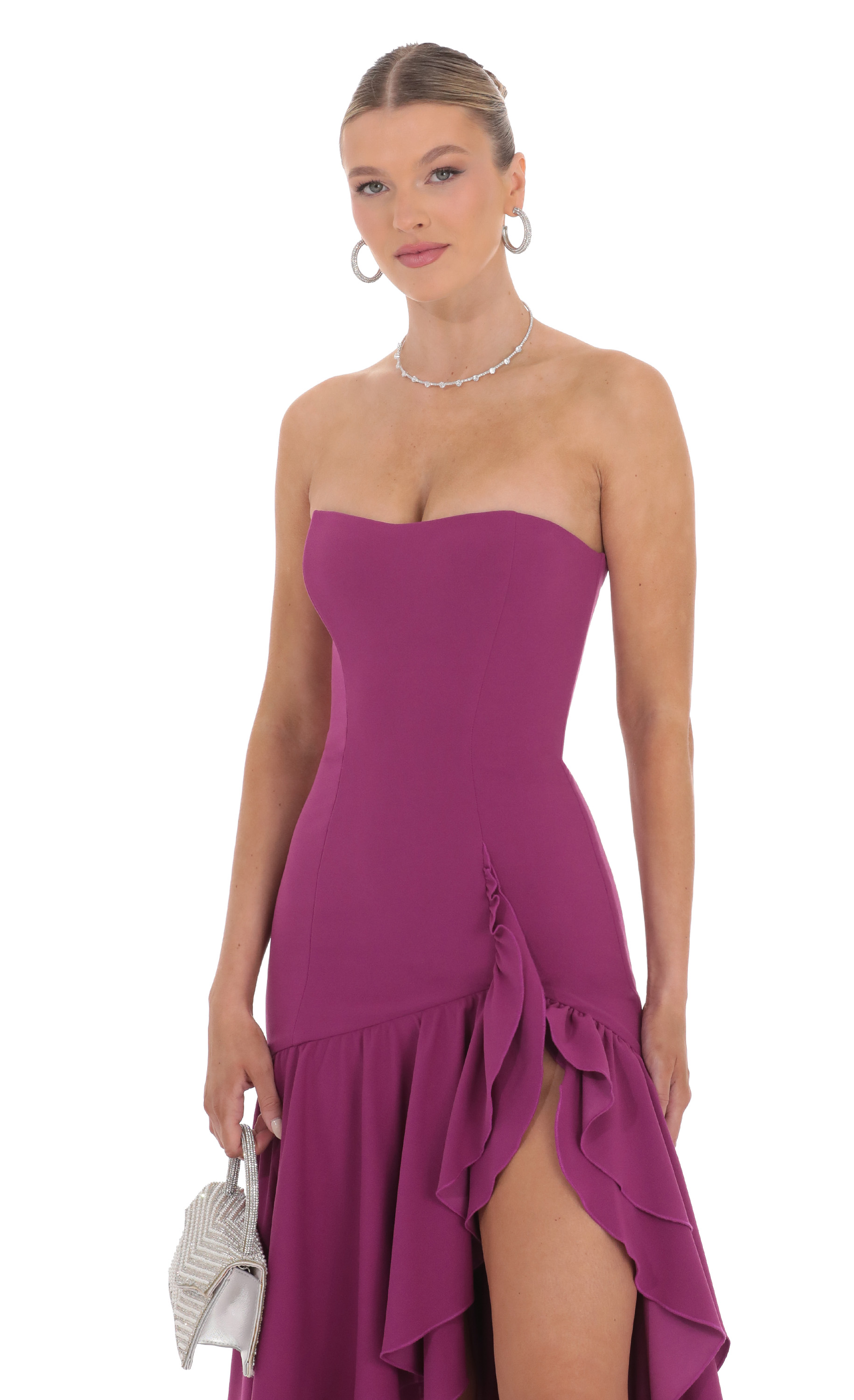 fishtail strapless corset maxi dress in plum Fishtail Strapless Corest in Plum Maxi Dress
