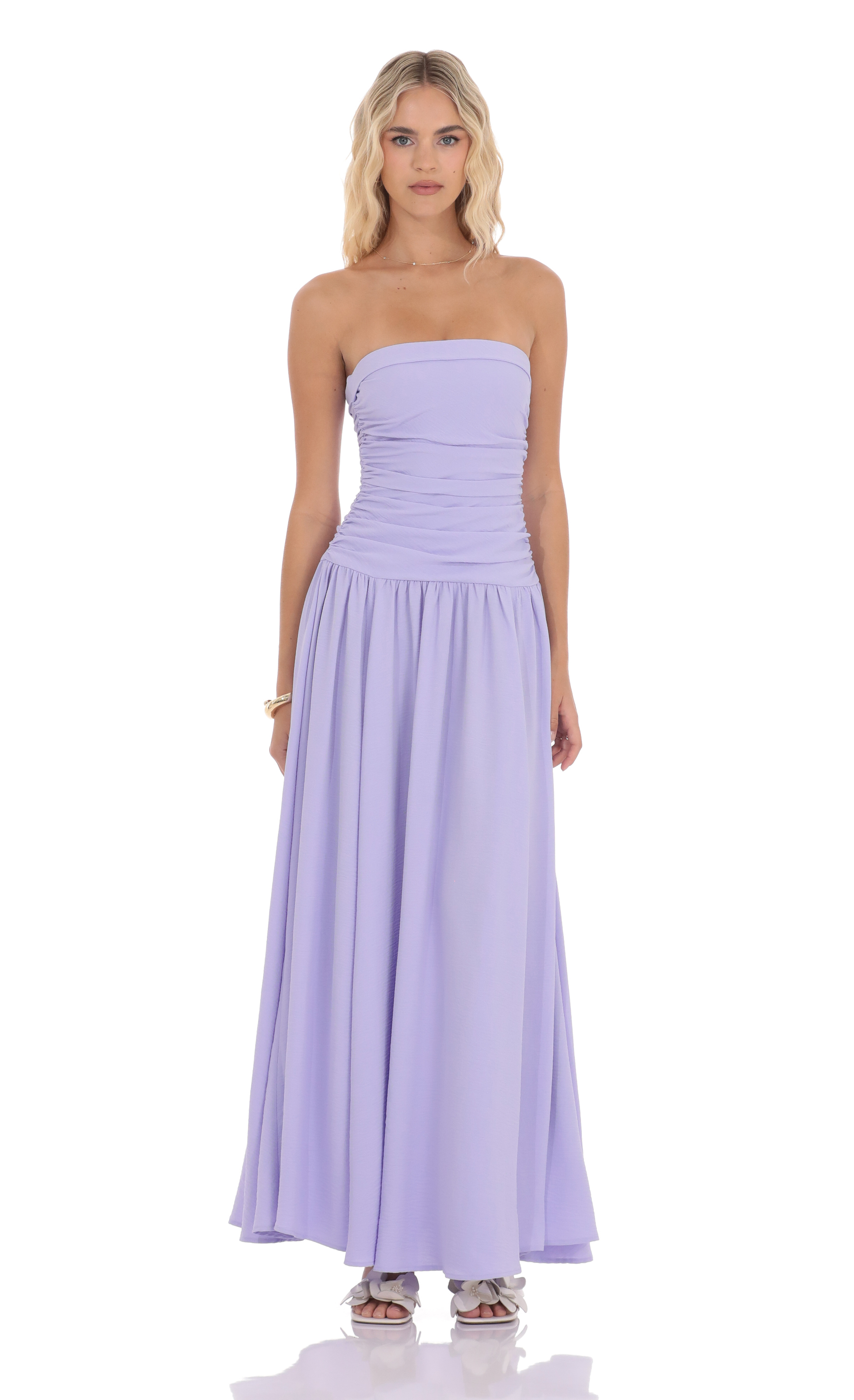 Strapless Drop Waist Maxi Dress in Lavender
