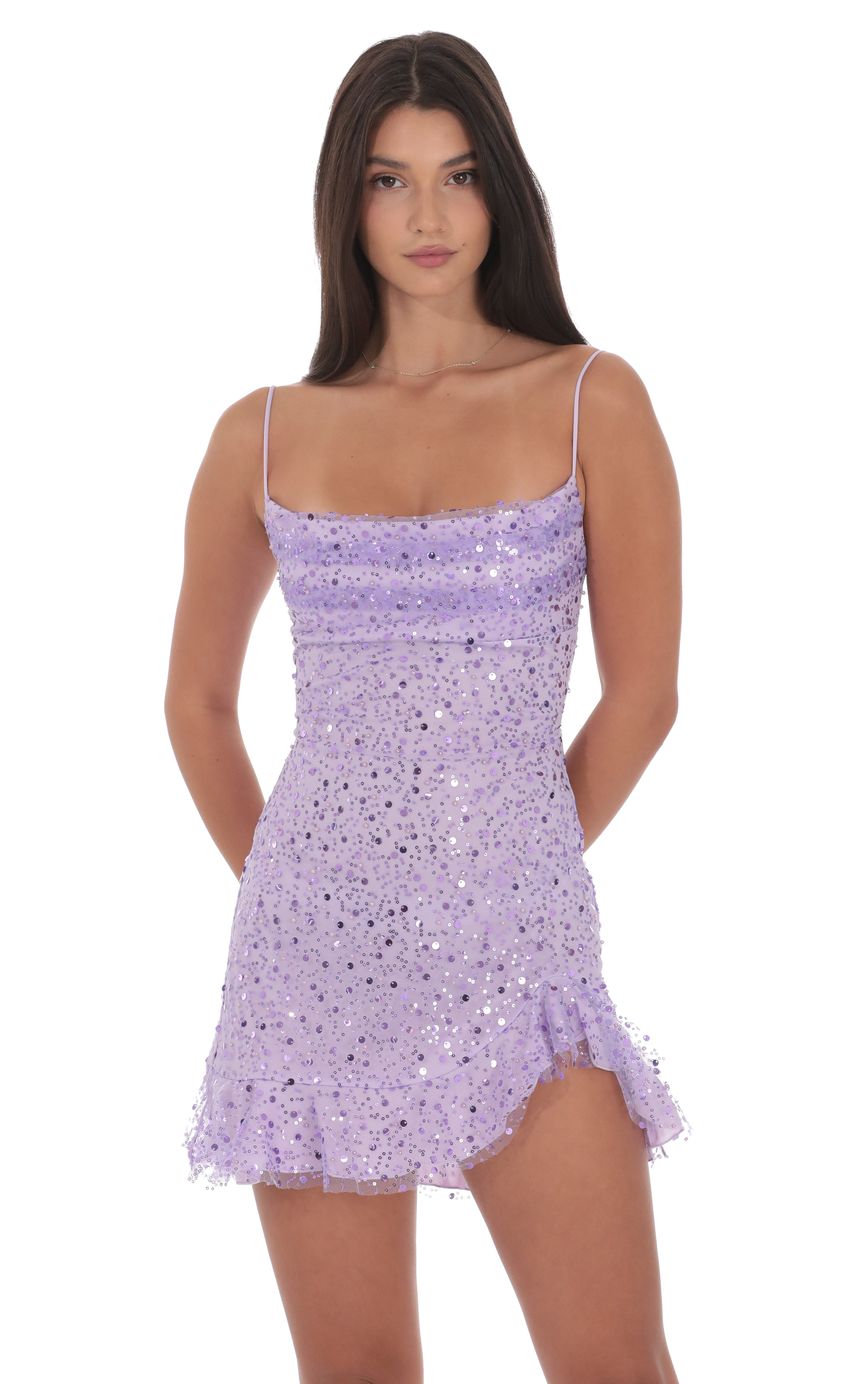 Product image for Sequin Beaded Ruffled Slit Dress in Lavender