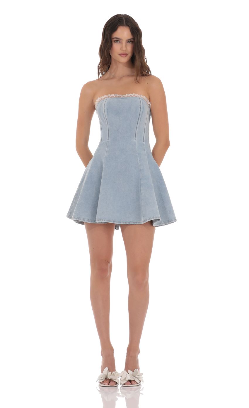 Product image for Lace Trim Corset Denim Dress in Light Blue