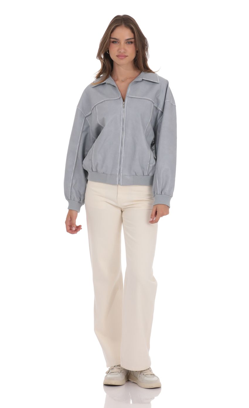 Product image for Faux Leather Bomber in Ash Blue