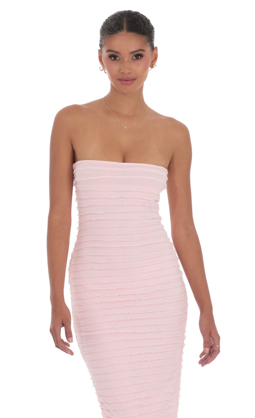 Picture Strapless Ruffle Maxi Dress in Pink. Source: https://media-img.lucyinthesky.com/data/product-media/850xAUTO/00a99ded-b05f-4a3c-9cf4-ed9a3921c889.jpg