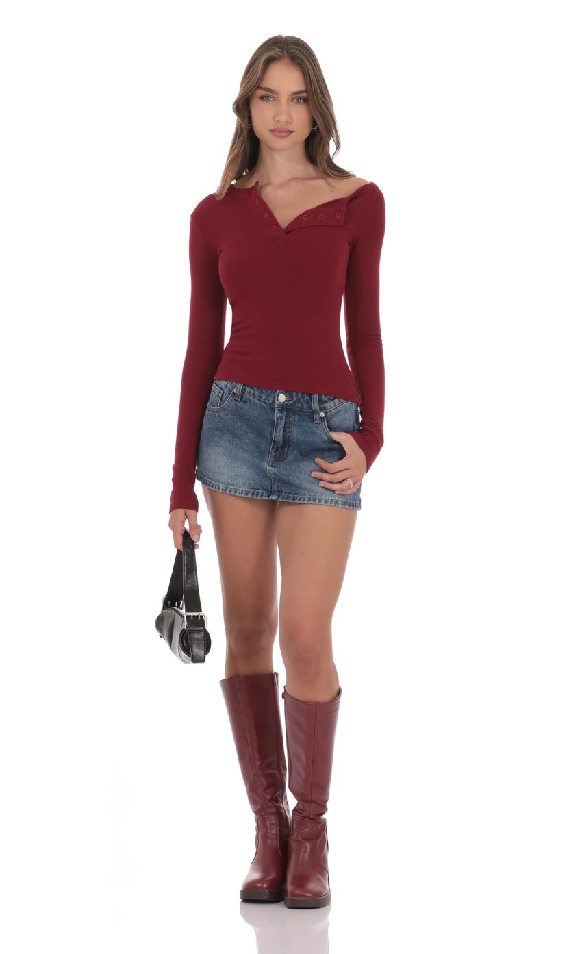Product image for Off Shoulder Henley Top in Maroon