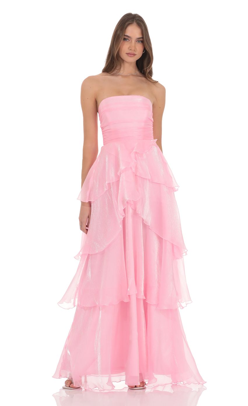 Product image for Corset Petal Ruffle Strapless Maxi Dress in Pink