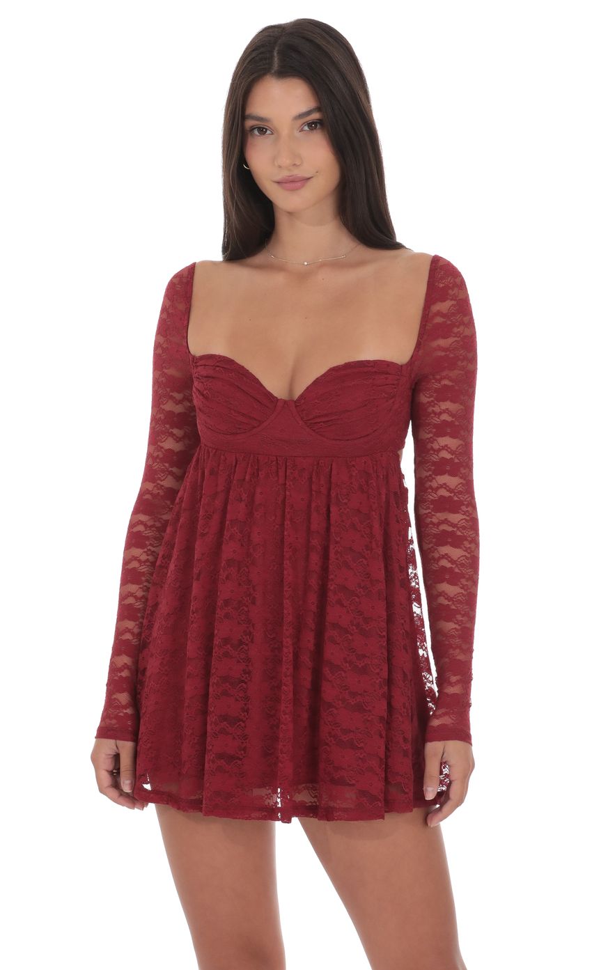 Product image for Lace Long Sleeve Babydoll Dress in Maroon