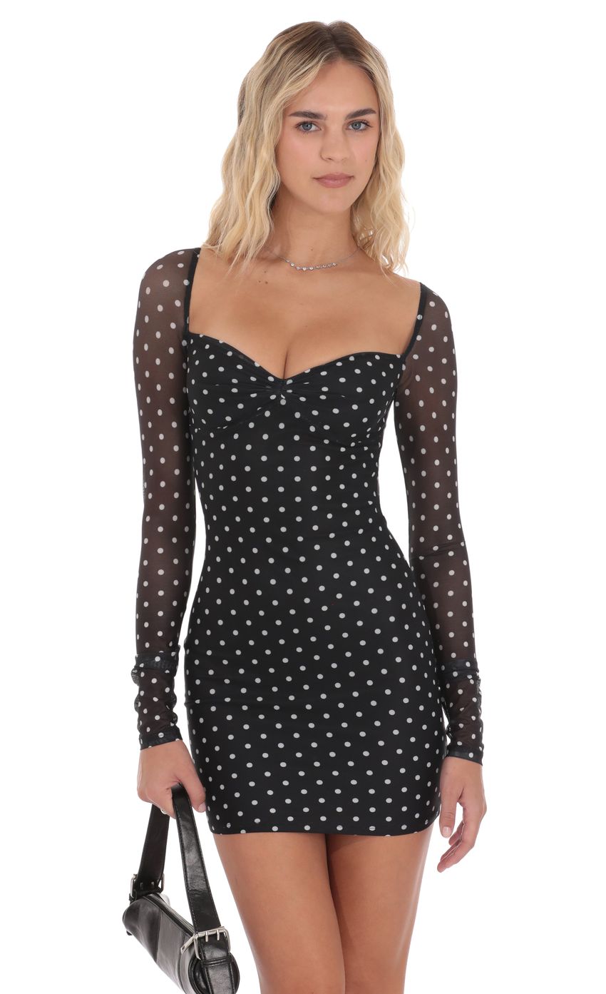 Product image for Polka Dot Long Sleeve Bodycon Dress in Black