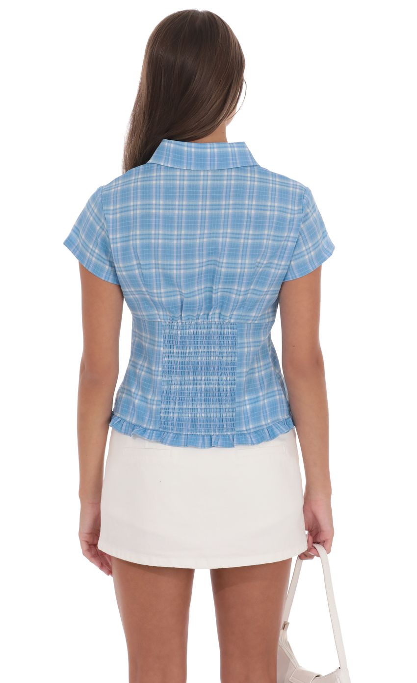 Product image for Plaid Button-Up Ruffle Top in Blue