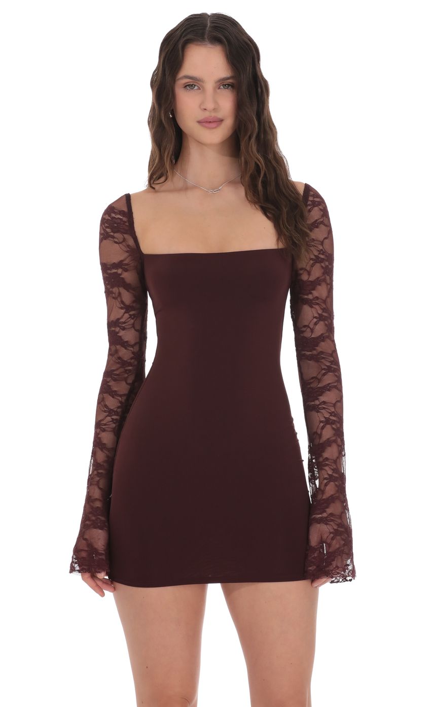 Product image for Lace Long Sleeve Bodycon Dress in Brown