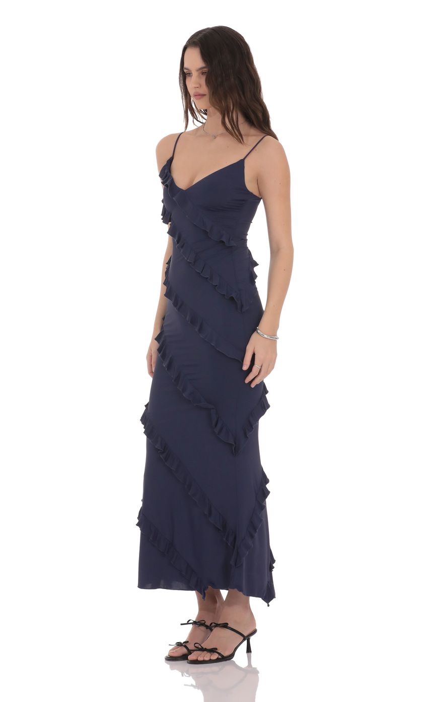 Product image for Ruffle V-Neck Maxi Dress in Navy