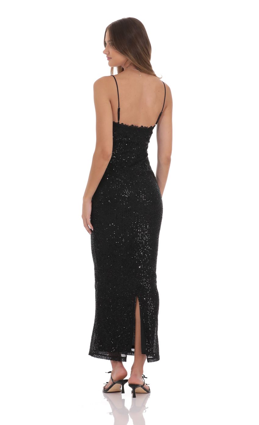 Picture Lace Trim Sequin Maxi Dress in Black. Source: https://media-img.lucyinthesky.com/data/product-media/850xAUTO/046bbd7e-7c25-4056-b09c-0cc830f9c4c4.jpg