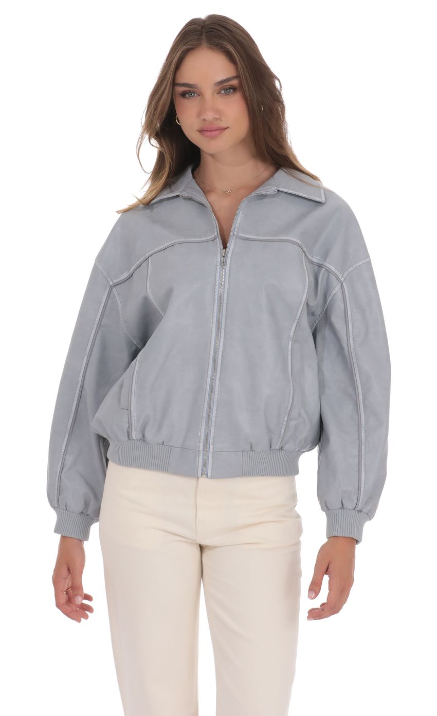 Product image for Faux Leather Bomber in Ash Blue