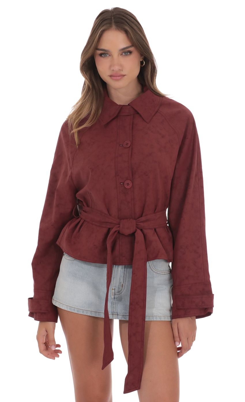 Product image for Suede Belted Leather Jacket in Burgundy