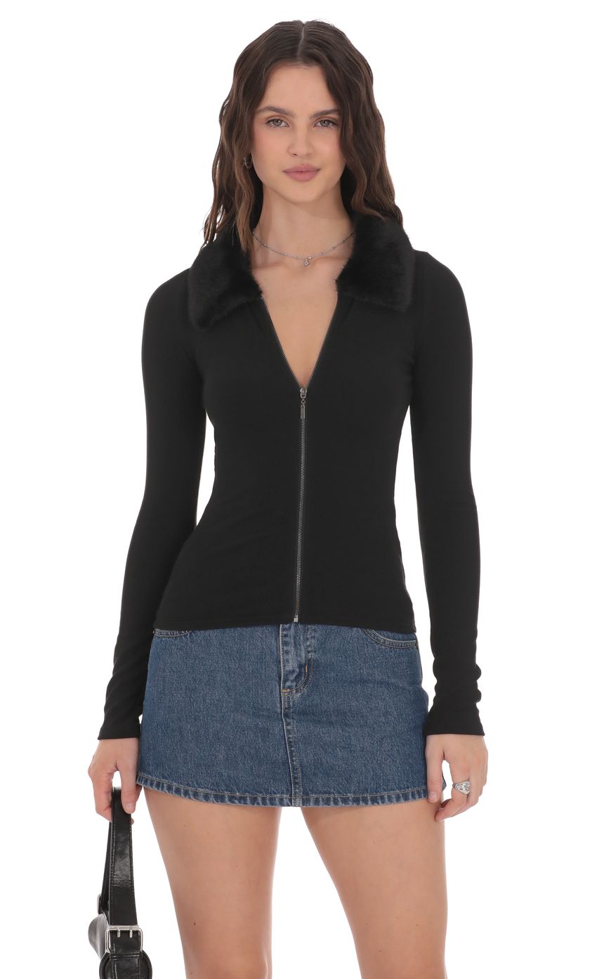 Product image for Fur Collar Zip-Up Cardigan in Black