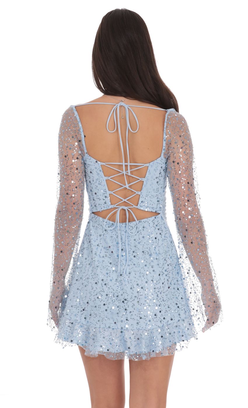 Product image for Sequin Flare Long Sleeve Dress in Light Blue